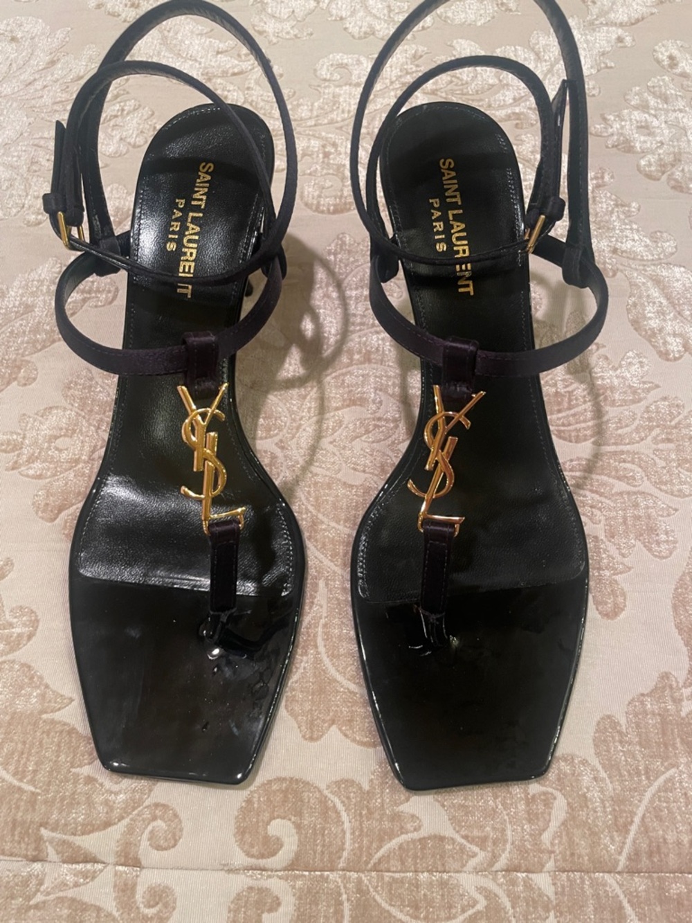 Saint Laurent Black Patent Leather Gold YSL Logo T-Strap Sandals
